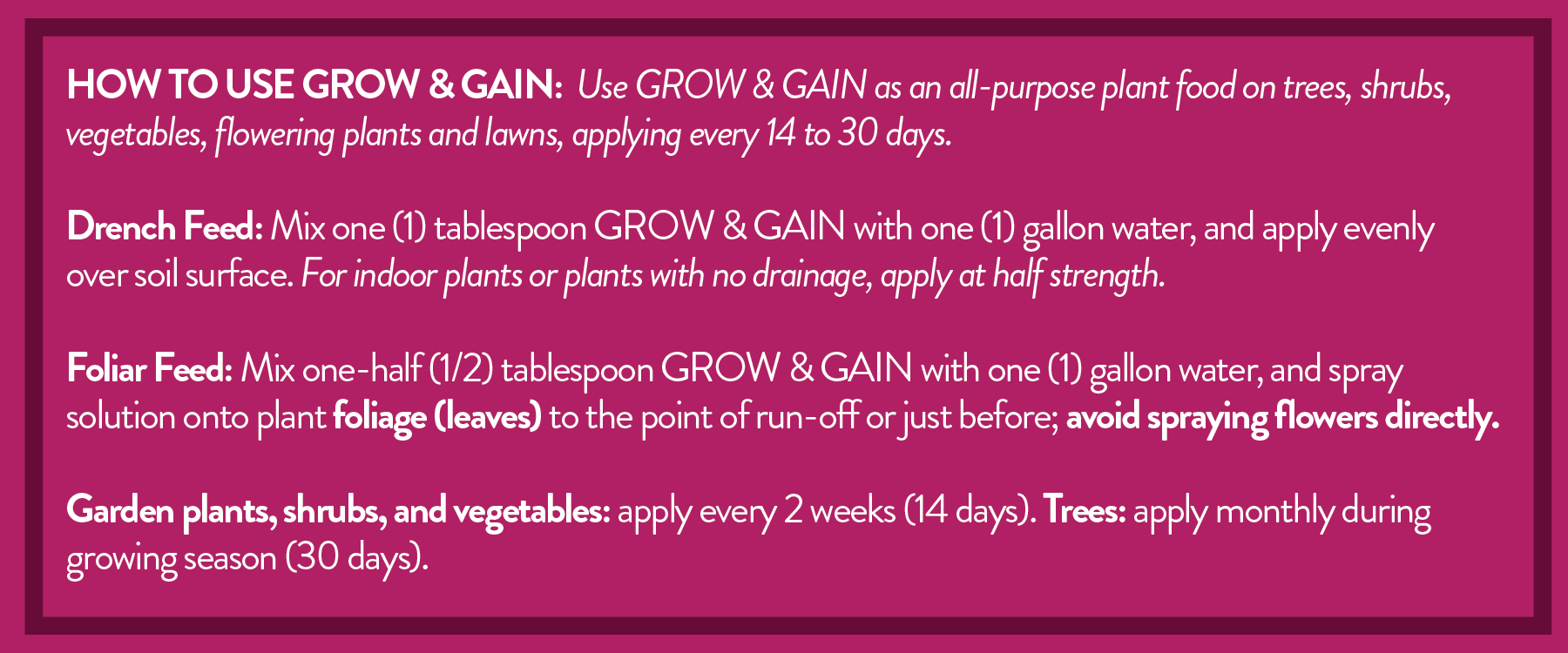 Grow and gain instructions BGI Premium Plant Foods